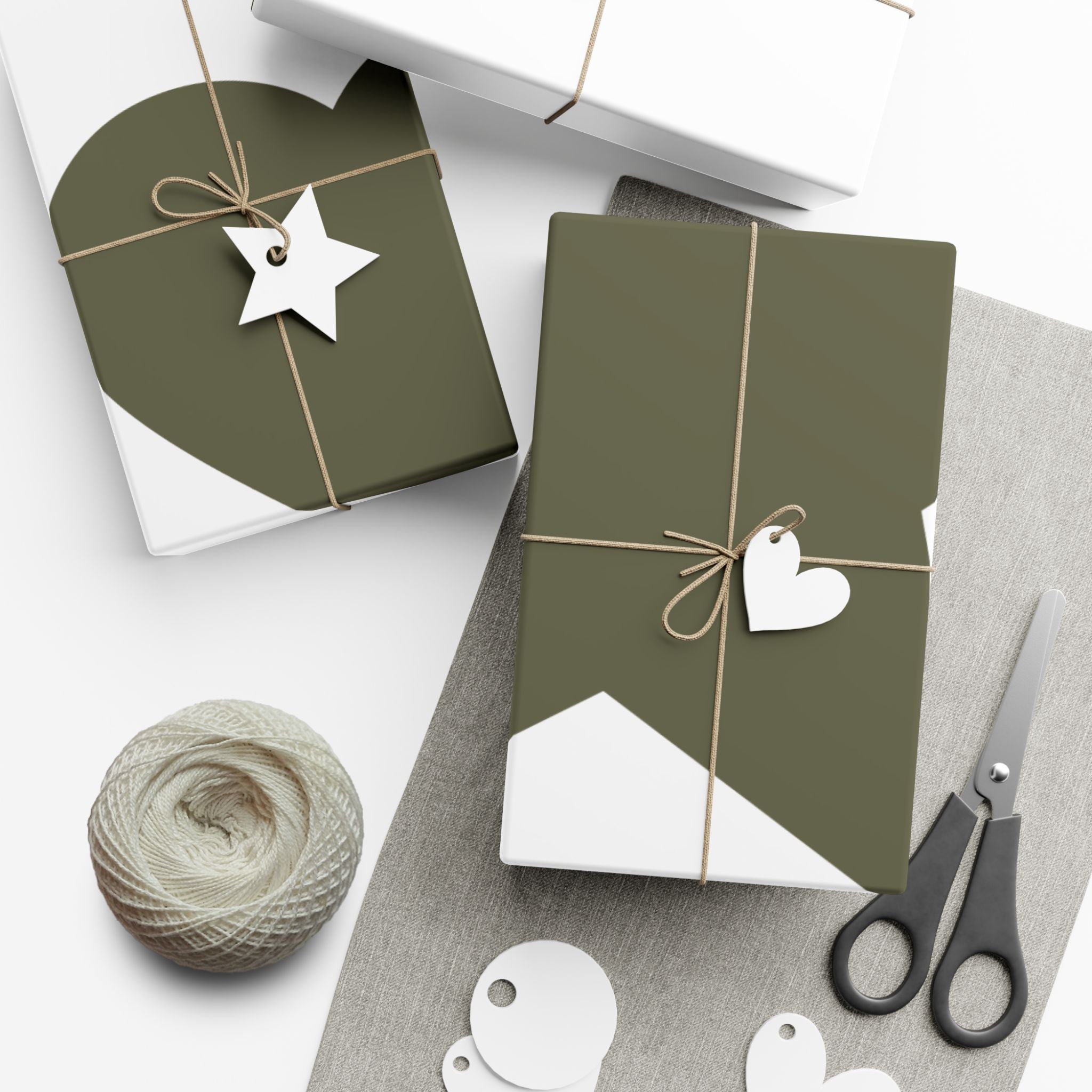 Olive Star & Heart Gift Wrap Paper — Minimal Holiday Wrapping Sheets