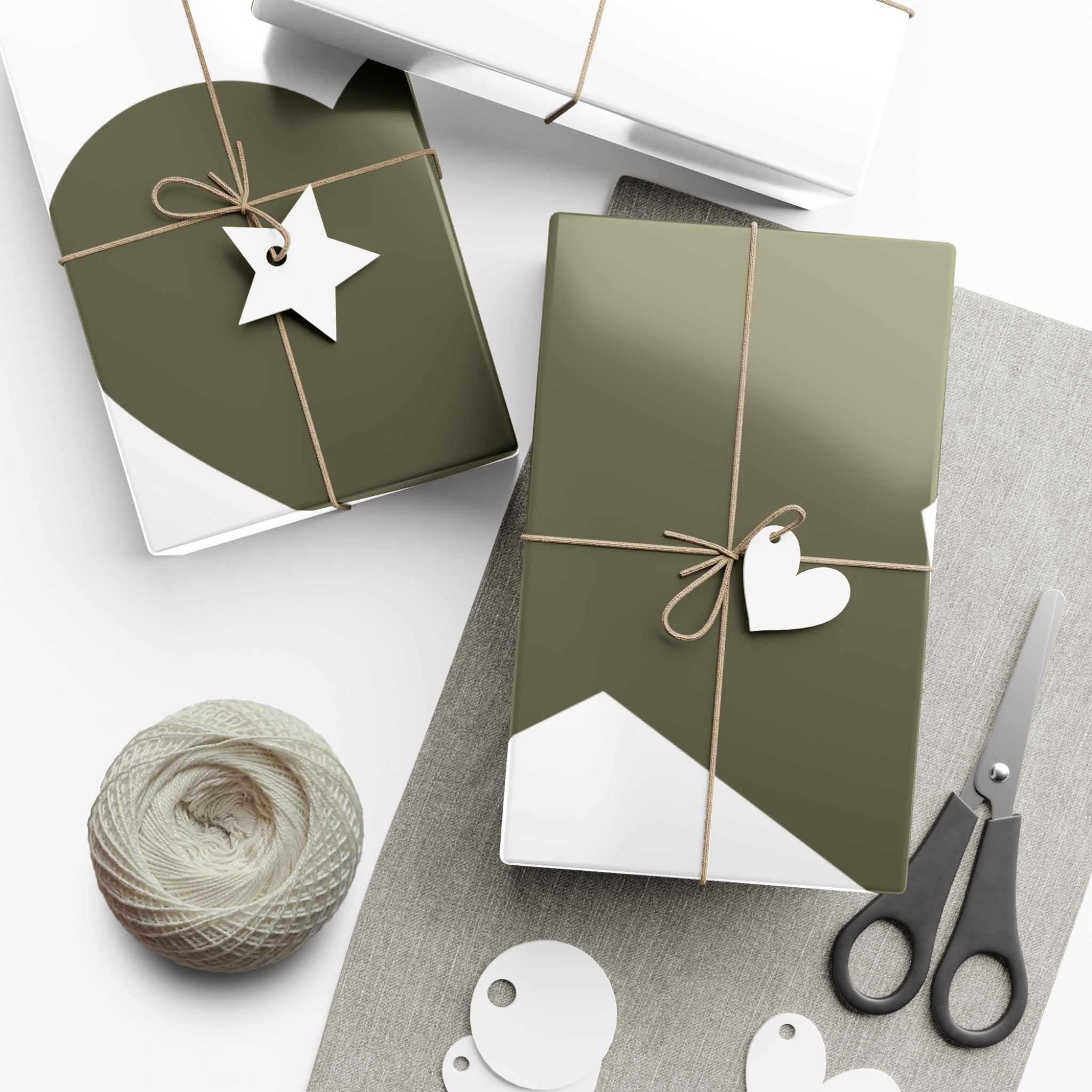 Olive Star & Heart Gift Wrap Paper — Minimal Holiday Wrapping Sheets